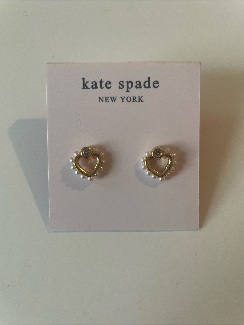 kate spade Gold Heart Pearl & Crystal Stud Earrings on Pink Card